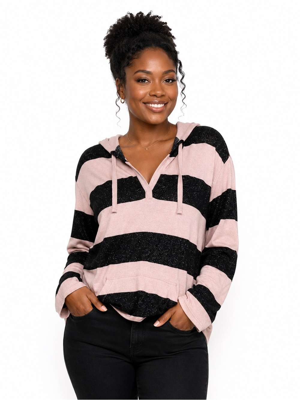 NWT Market and Spruce Brushed Knit Pink and Grey Striped Hoodie  Size Large